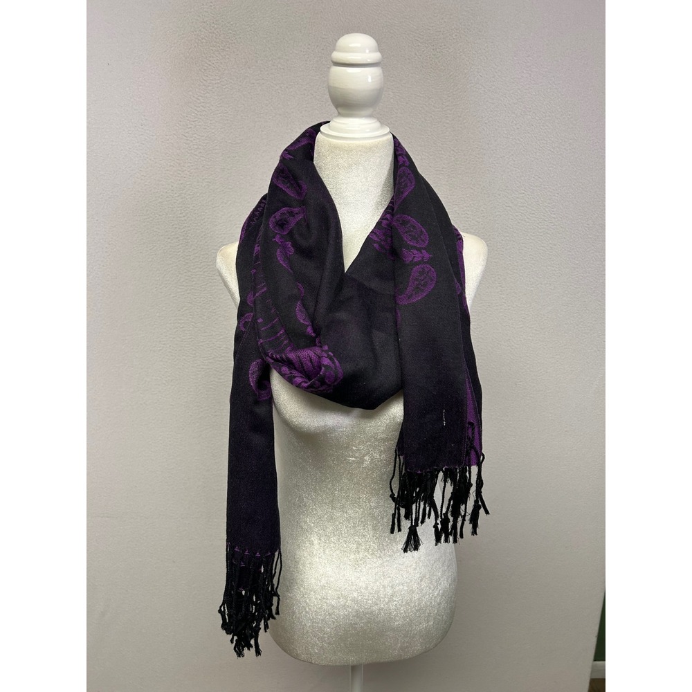 Boho Gothic Pashmina Womens OS Purple Black Paisley Peacock Silk Blend Scarf